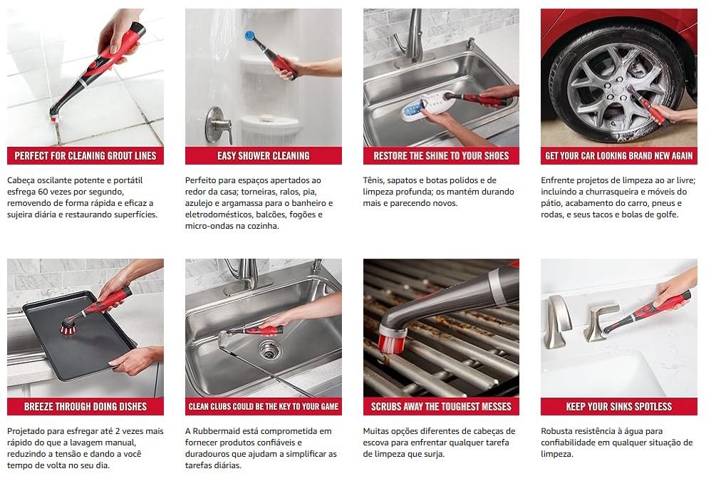 Escova Elétrica de limpeza Rubbermaid: Poder de escovação rápida: Escova elétrica projetada para limpar até 2x mais rápido do que uma escova manual
