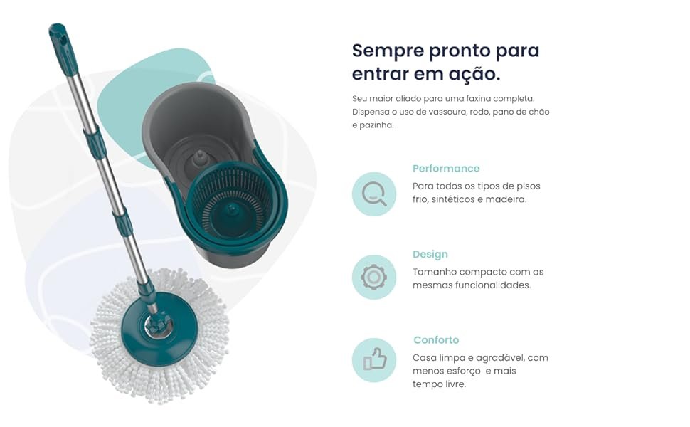Esfregão Giratório: Ideal para pisos. Facilita a limpeza sem a necessidade de se agachar ou forçar as costas.