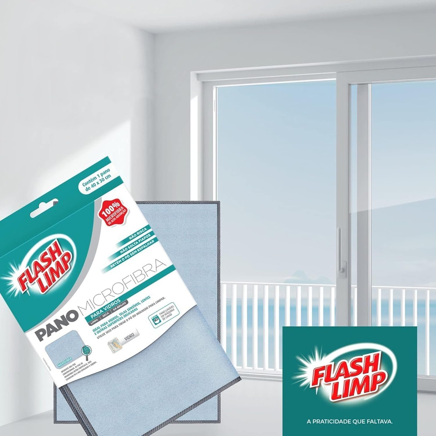 Pano de microfibra Flash Limp FLP6698 ideal para limpeza de vidros sem deixar marcas.