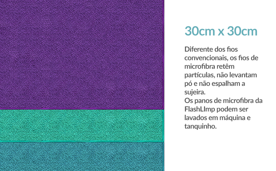 Kit com 3 panos de microfibra Flash Limp multiuso, ideal para diferentes áreas da casa